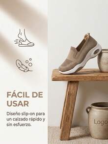 Caquis Zapatillas Casuales de Suela Gruesa para Mujer, Diseño Slip On sin Cordones, Efecto de Aumento de Altura que Alarga Visualmente las Piernas, Cómodas para Caminar Largas Horas - Caqui - Ver 6