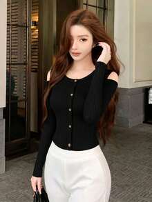 2026 Hot Girl Style Off-Shoulder Knitted Cardigan, Elastic Knit Fabric Slimming Cardigan For Women 18-35 Years Old Black - Black - View 5