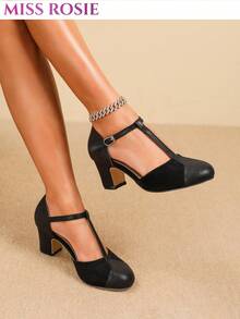 [MISS ROSIE]2026 SS Black & Brown T-Strap Pumps Slim Feet, Low Round Toe For Parties, Business & Daily Wear, Local Warehouse 3-Day Delivery - 黑色 - 查看 2