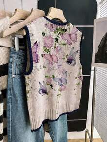 New Spring/Summer Women's Round Neck Sleeveless Tank Top, Butterfly & Floral Print, Colorblock Knit Trim, Suitable For Daily Wear - Blue-purple - View 3