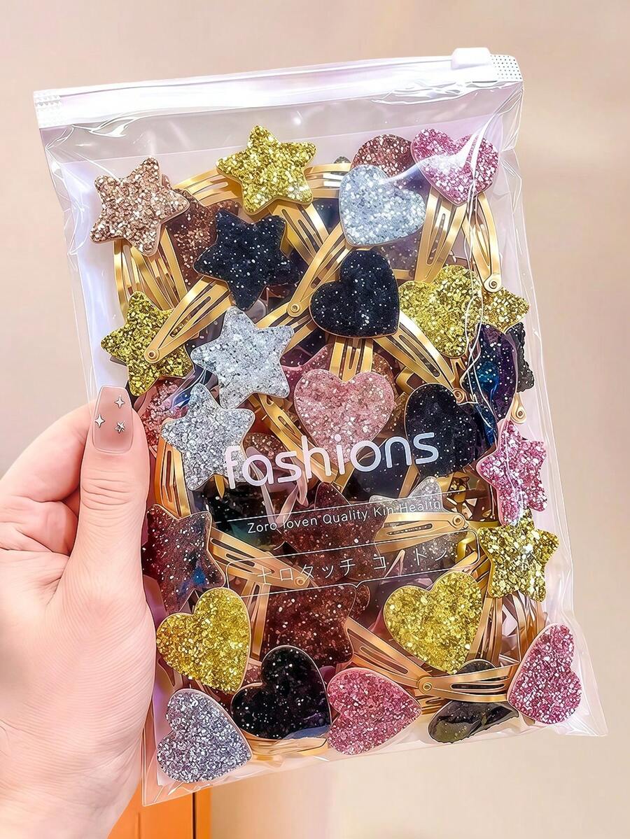 20/10pcs Gold Glitter BB Hair Clips, Includes Star, Heart, Flower ...