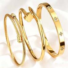 1 peça/3 peças Pulseira Feminina Transfronteiriça, Joia de Aço Inoxidável de Luxo com Zircônia de Alta Qualidade, Strass Completo e Concha Branca, Moda Não Desbotante - Dourado - Visão 1