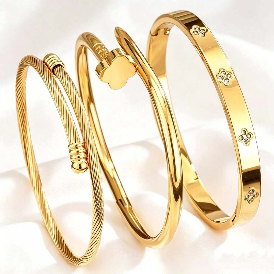 1 peça/3 peças Pulseira Feminina Transfronteiriça, Joia de Aço Inoxidável de Luxo com Zircônia de Alta Qualidade, Strass Completo e Concha Branca, Moda Não Desbotante - Dourado - Visão 1