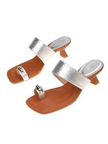 Teenager Spring/Summer New Fashion Breathable Square Toe Thong Sandals With Rhinestone Decor, Double Wide Straps, Kitten Heel, Open Toe, Casual Everyday Wear, Black/White/Silver - Silver - View 9