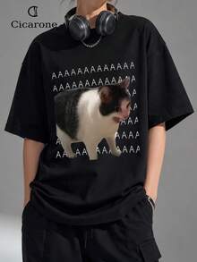 AAAAA Cat Meme T-Shirt Unisex Men's And Women's Blouse 100% Cotton Premium Top Streetwear New Release Immediate Shipping Various Colors!! Plus Size - 黑色 - 查看 2
