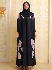 Floral Print Elegant Plus Size Robe - Black - View 7