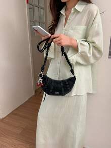 女款編織新款韓系小眾百搭時尚斜挎單肩包 通勤包 2026夏季 牛角餃子包 - 黑色 - 查看 5