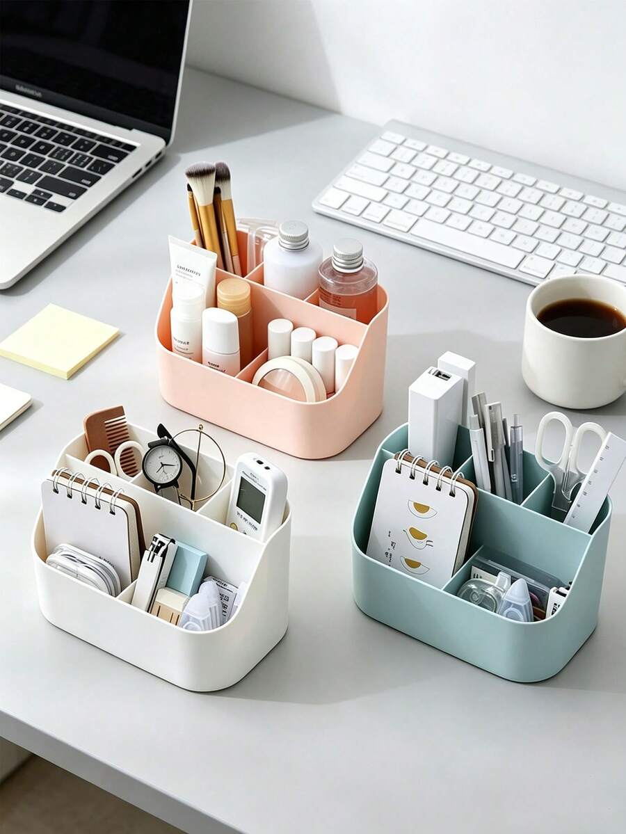 8pcs/1pc Divided Plastic Desktop Storage Box, Solid Color Minimalist Compartment Organizer, Suitable For All Seasons, Ideal For Women And Teenagers, Can Be Used In Bedroom Vanity, Dorm, Office Desk, To Store Cosmetics, Stationery, Small Items And Soft Rubber Toy Collectibles - Multiple Styles - View 1