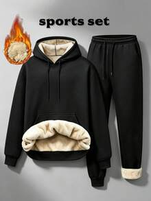 2 件套男士加厚保暖内衬连帽衫和裤子休闲运动套装，秋冬 - 黑色 - 查看 1