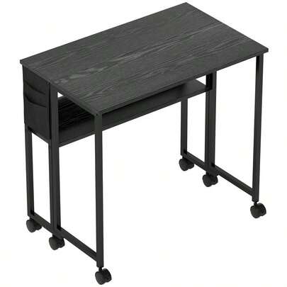 Escritorio plegable y ahorrador de espacio con estante, bolsa de almacenamiento y ruedas, negro-XY201223