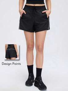 KyrLssu Minimalist Contrast Color Line Casual Shorts, Elastic Waist Loose Fit Shorts, Suitable For Various Styles Daily Matching - Black - View 2