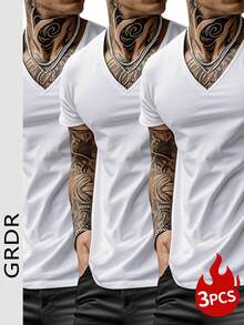 GRDR 3pcs/Set Men's Solid Color Casual Streetwear Sports V-Neck Short Sleeve T-Shirts - Multicolor - View 4