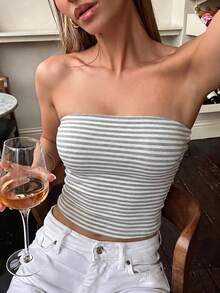 女款夏季性感辣妹休閒百搭 Y2K 風格抹胸上衣 - 灰白條紋 - 查看 8