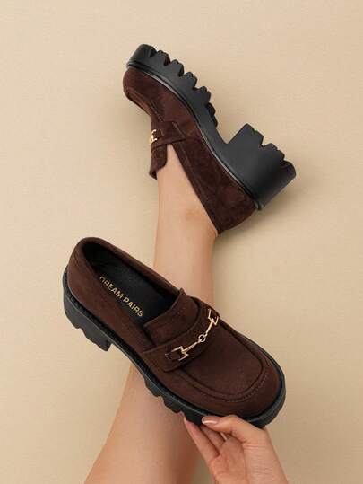 Women Platform Loafers Chunky Heel Pumps Slip On Lug Sole Fashion Brown Patent Heels Loafers With Metal Casual Office Business Dressy Shoes