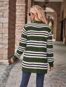 Cardigan Wanita Motif Garis Hijau Musim Gugur/Dingin, Dengan Saku, Lengan Panjang, Bagian Depan Terbuka, Gaya Liburan - MultiWarna - View 5
