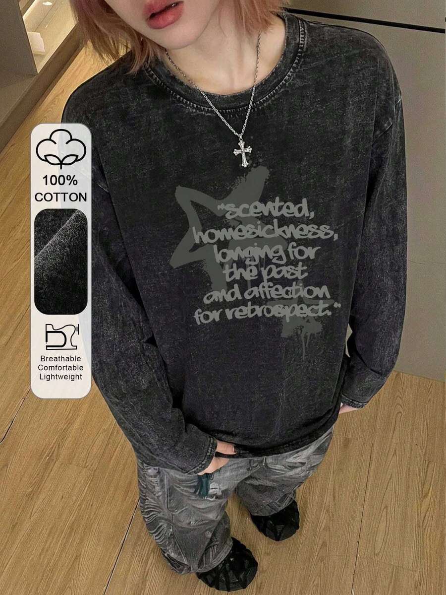 Women's Casual Vintage Washed Letter Print Loose Fit Crew Neck Long Sleeve Top, Versatile For Daily Commute, Spring/Autumn Black - Black - View 1