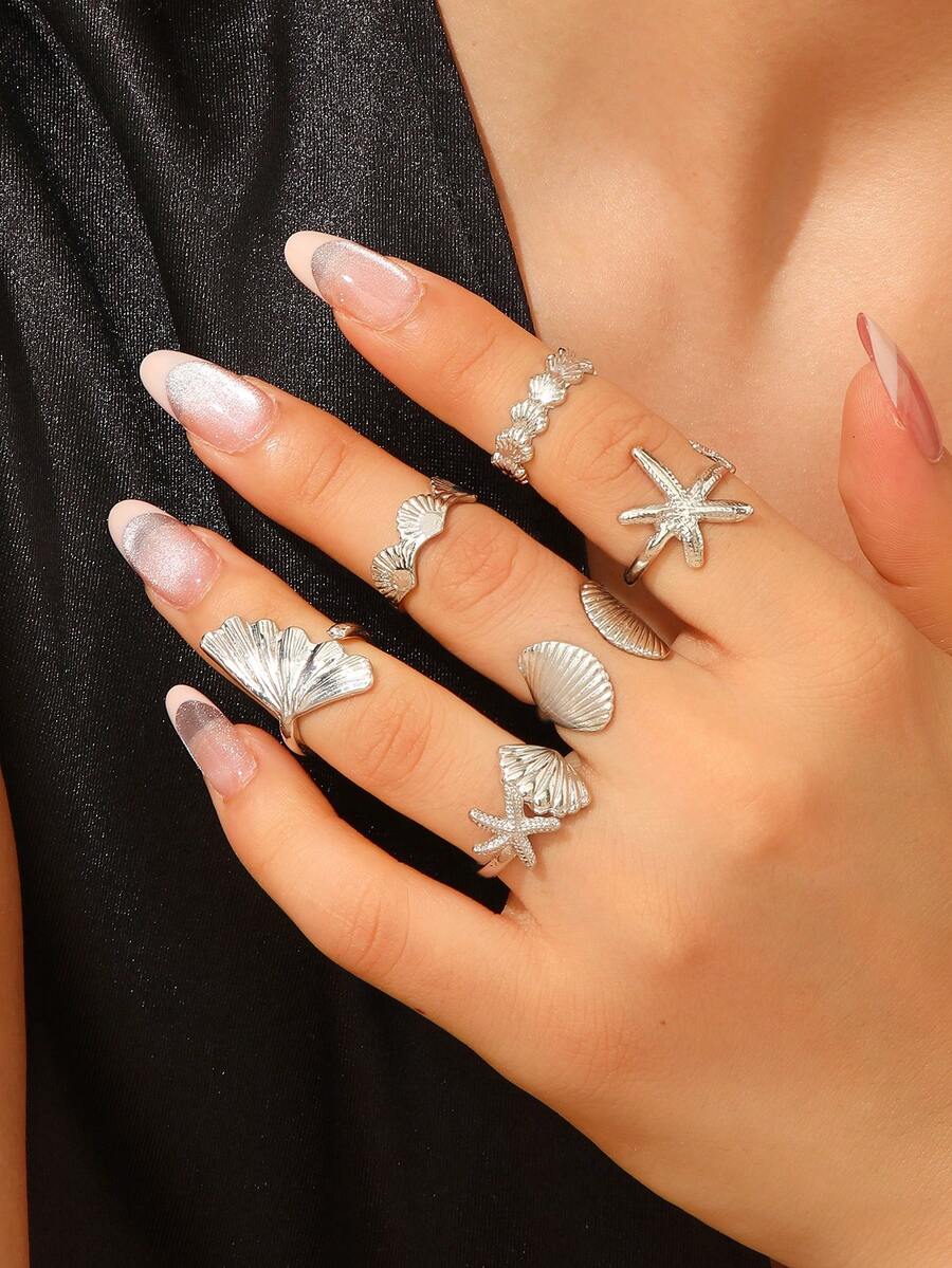 6 piezas/Set Anillos asimétricos de estilo oceánico con conchas & estrellas de mar, joyería de moda para mujer, adecuados para uso diario, fiestas y vacaciones - Plateado - Ver 1