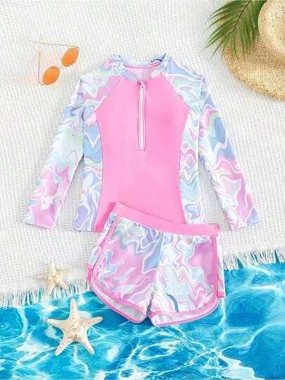 2026 Long Sleeve Swimsuits Girl Swimwear Little Girls Swimsuits 2 Pieces Rash Guard Swimsuit Print