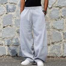 Men's Loose Wide Leg Pants, Solid Color Design With Drawstring Detail, Casual Style Long Sports Pants, Polyester Fabric, Hand Wash Only, Suitable For Daily Wear, Jogging And Other Occasions, Fit For Spring And Autumn Seasons - Light Grey - View 5