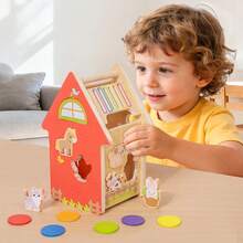 Juguete de emparejamiento de casa de granja de madera portátil para niños, juego de emparejamiento de colores, formas y animales, adecuado para niños y niñas de 2 años en adelante para el entrenamiento de habilidades motoras finas, juguete de juego interactivo - Multicolor - Ver 5