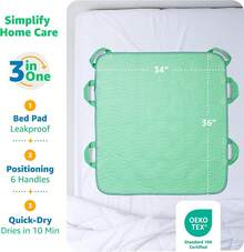 Improvia Positioning Bed Pad, With 6 Reinforced Handles, Quick-Drying, Washable, Waterproof, Lifting, Turning, Transfering ZD7V - Green - View 2