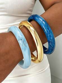 3/1 pieza Brazalete vintage minimalista de estilo casual para mujer, redondo liso de CCB dorado y acrílico azul, adecuado para uso diario y vacaciones de verano en la playa, apilable, opción de regalo perfecta para días festivos - Azul - Ver 1