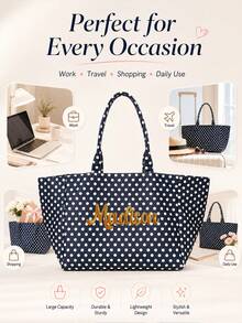 (客製化) 個性化刺繡極簡波點帆布托特包，原創小眾百搭通勤大容量手提肩背包，適合學生 - 彩色 - 查看 8