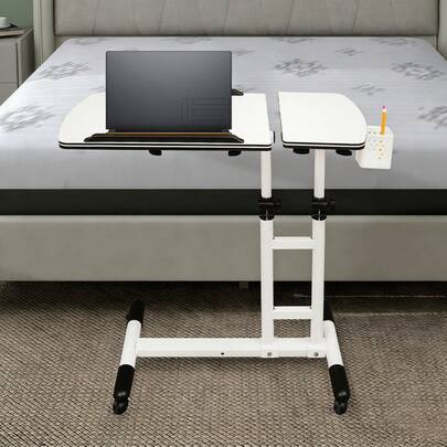 Escritorio de Trabajo Móvil Ajustable en Altura e Inclinación con Ruedas Bloqueables, Marco de Acero al Carbono, Superficie de MDF, Mesa de Escritura Ergonómica con Ranura para Bolígrafo y Tope Antideslizante para Uso en Oficina en Casa, Estudio y Hospital