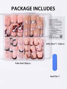96片（4款混色）Y2K短方型豹紋3D凝膠法式穿戴甲，花卉波點設計，易佩戴壓克力假指甲套組，含1片果凍膠與1片指甲锉，適合女性與女孩日常與派對使用 - 彩色 - 查看 4