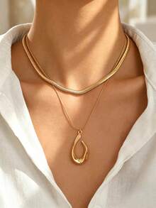 2pcs Fashionable Hot-Selling Hollow Water Drop Pendant Gold Thick Snake Chain Collarbone Necklace Layered Necklace Women's High-End Neck Jewelry Suitable For Party Music Festival Daily Wear - Gold - View 1
