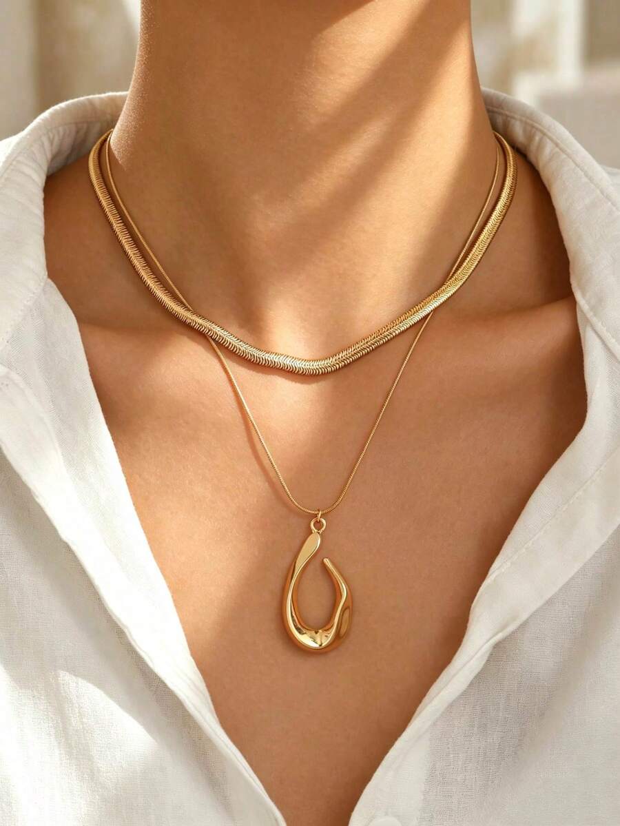 2pcs Fashionable Hot-Selling Hollow Water Drop Pendant Gold Thick Snake Chain Collarbone Necklace Layered Necklace Women's High-End Neck Jewelry Suitable For Party Music Festival Daily Wear - Gold - View 1