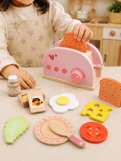 Juego de tostadora de madera para niños, incluye rebanadas de pan, huevos, queso, tomates, lechuga, frasco de miel y cuchillo, juguetes de juego de rol de cocina, juguete para hacer sándwiches de desayuno para niños de 3+ años, regalo de cumpleaños y Eid