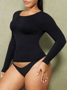 PAUKEE Plus Size Women's Shaping Long Sleeve Top, Tummy Control, Waist Shaping, Seamless Design Sports Bras, Lingerie For Women Plus Size, Lounge Sets For Women, Corset Tops For Women - Black - View 10