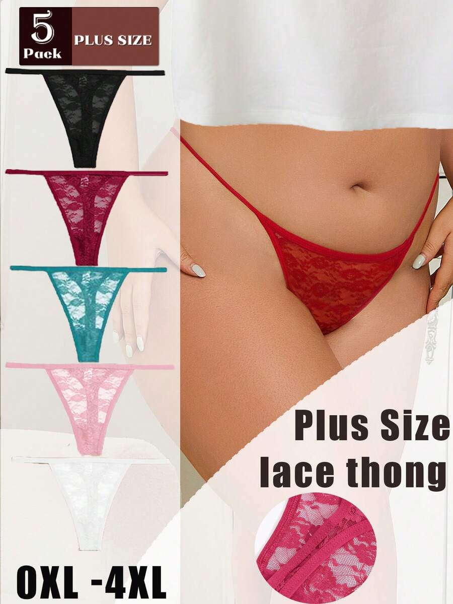 5pcs Plus Size Women's Multi-Color Floral Lace Comfortable Drawstring Low Waist Sexy Lace Thong - Multicolor - View 1