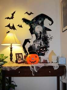 1pc Halloween Silhouette Witch Bat Castle Pumpkin Wall Decal Sticker, Removable Room Decor For Bedroom Living Room Holiday - 1PC - View 3