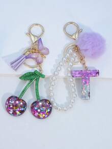 1pc Resin Starry Sky Epoxy Letter Keychain With Black Fur Ball Tassel Decor, Heart Pendant Gift For Friend And Mom - Mauve Purple - View 20