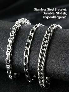 6pcs Minimalist Stainless Steel Chain Bracelet Set, Unisex Non-Fading Stackable Cuban Chain, Suitable For Daily Wear, Music Festival, Party, Vacation Outfit Accessory, Holiday Gift (Note Size: 20+5cm/7.87+1.97in) - Silver - View 13
