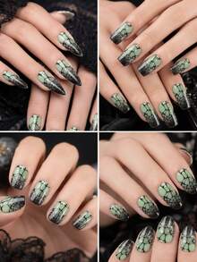 20pcs Halloween Semi-Cured Gel Nail Strips, Dark Green Spiderweb Pattern Self-Adhesive UV Gel Nail Wraps,Salon-Quality, Easy To Apply And Remove,Ideal For Women's Halloween And Holiday Party DIY Manicures - Multicolor - View 2