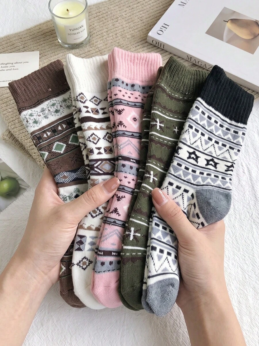 5 Pairs Autumn/Winter Retro Pattern Fashion Vintage Mid-Calf Socks, Women's Thickened Warm Knitted Socks, Suitable For Daily Wear, Home, Outdoor Sports, Matching With Boots, Sneakers, Slippers - Multicolor - View 1