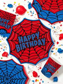 10pcs/20pcs/70pcs Spider Web Birthday Paper Tableware Set, Red & Blue Spider Web Design 7/9 Inch Paper Plates, 3.5 Inch Cups, 6.5 Inch Napkins, Hero Theme Birthday Party Supplies, Hero Theme Birthday Party Decoration Tableware Set - Multicolor - View 5