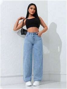 Pantalones vaqueros rectos de color claro para mujer, estilo casual, con bolsillos, longitud larga, elasticidad media, cómodos y sueltos - Neblina azul - Ver 5