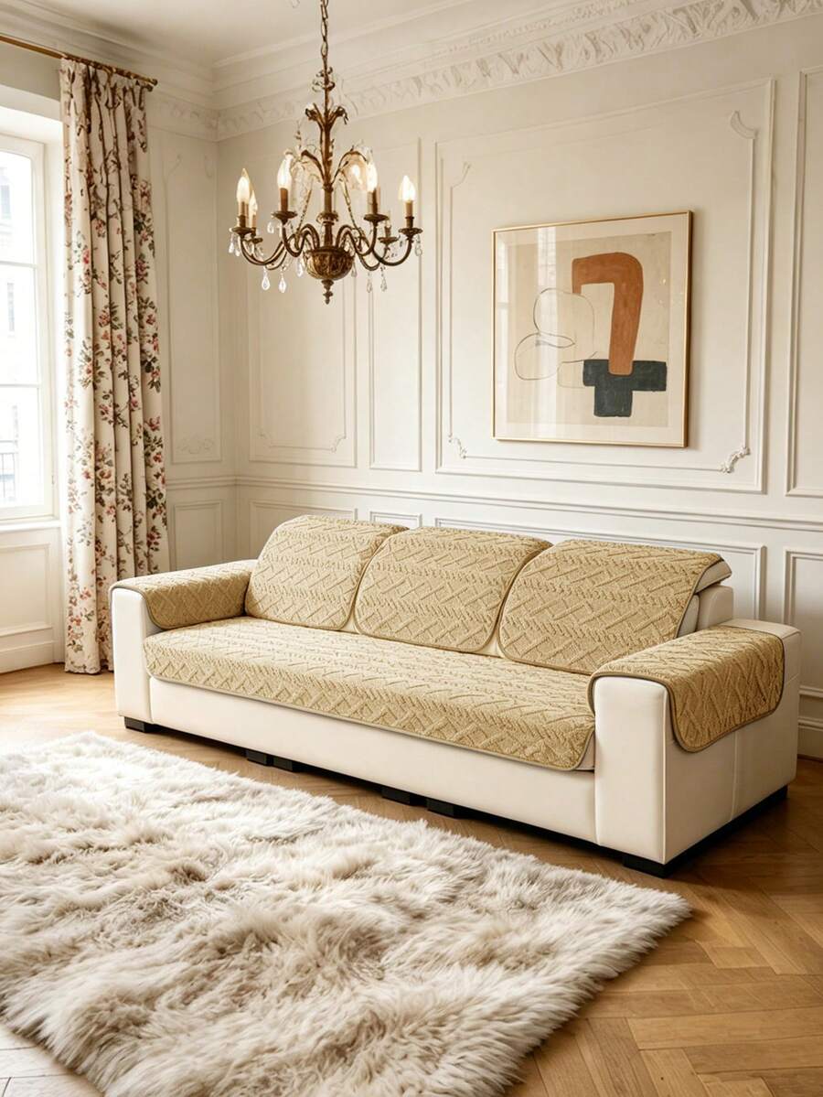 1pc Khaki Taffeta Sofa Cushion, Stays In Place Even With Heavy Use! Backside With Anti-Slip Plastic Beads, Fits Snugly Without Shifting, Jacquard Braided Pattern, Edged For Durability, Essential For Pet-Owning And Child-Rearing Families, Light Gray, Khaki - Khaki - View 1