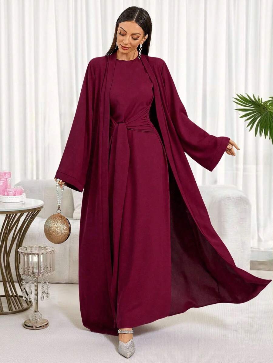 Women Loose Wrap Abaya Kaftan With Tie Waist, Solid Color, Modest Robe Spring Elegant