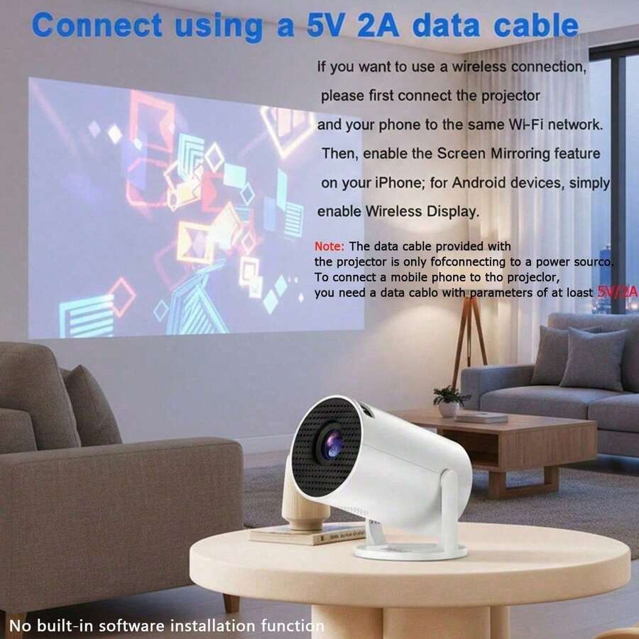 Portable Mini Smart HD Projector, Native 720*480P, Supports 4K, 180° Rotation, WiFi Wireless Connection For Phone And Tablet, Indoor/Outdoor Movie Projector