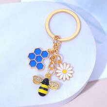 1pc Enamel Bee Honeycomb Daisy Metal Keychain, Cute Floral Bag Charm, Back To School Labor Day Holiday Decoration Gift - Multicolor - View 5