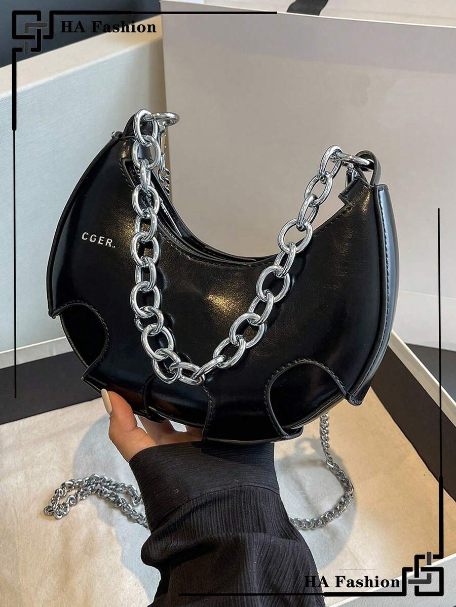 Stylish Crescent Chain Shoulder Bag - Black - View 1