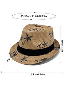 1pc Palm Tree Print Straw Fedora Hat With Black Ribbon, Breathable Short Brim Beach Sun Hat, Unisex, Suitable For Summer Travel, Vacation, Party - A - View 2