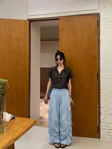 YCYC Design 抽繩綁帶蝴蝶結裝飾女款百搭休閒長褲 - 藍色 - 查看 3