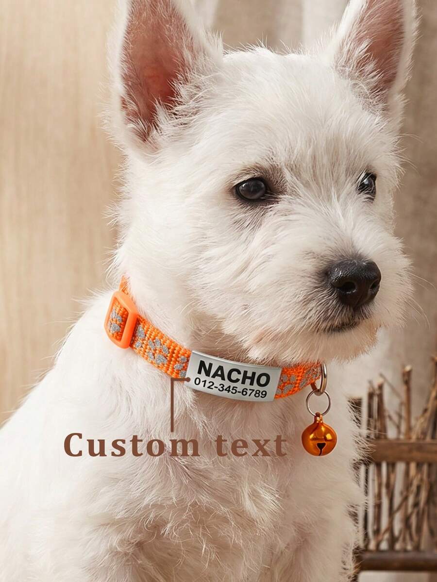 Customized Reflective Personalized Cat Collar, With Detachable Buckle, Bell And Paw Print Design, Suitable For Small And Medium-Sized Male And Female Cats. - Orange - View 1