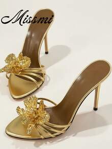 Sandalias florales de seda para mujer, diseño versátil de alta gama, nueva colección 2025, atuendos de primavera y verano - Dorado - Ver 2